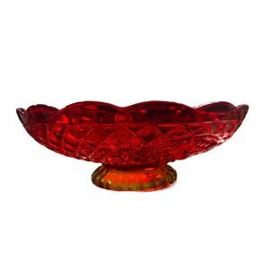 VTG Orange Cadmium Amberina Large Diamond Cut Fruit Pedestal Bowl GLOWS 11.5"